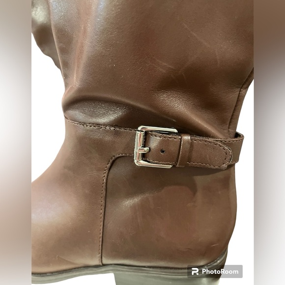 Lauren Ralph Lauren Madisen Leather Riding Boots Sz 7 Brown Embossed Monogram - Picture 2 of 14